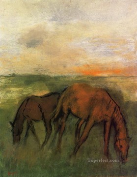 エドガー・ドガ Painting - 牧草地にいる二頭の馬 エドガー・ドガ